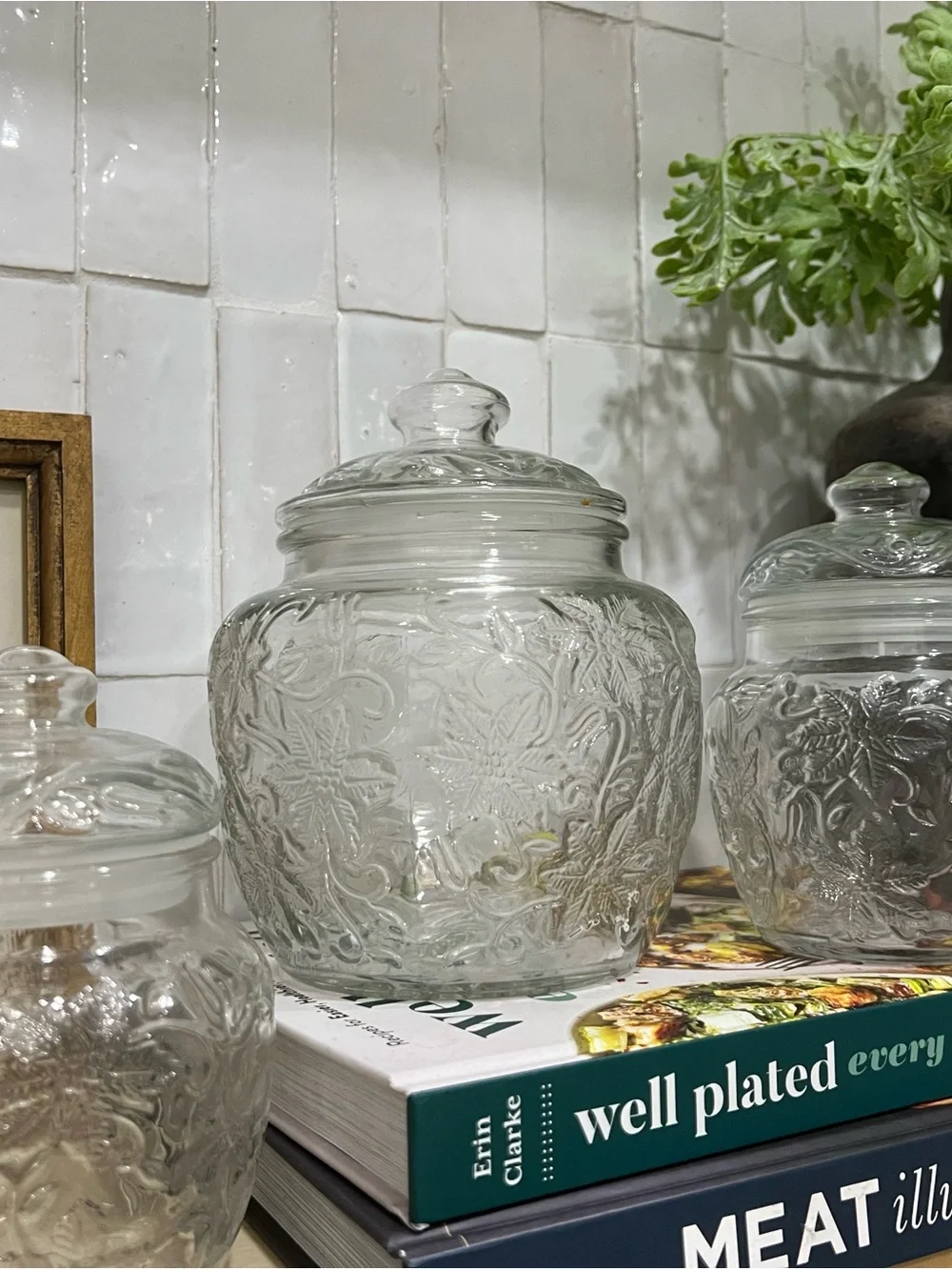 Vintage Princess House Clear Embossed Glass Canisters with Lid